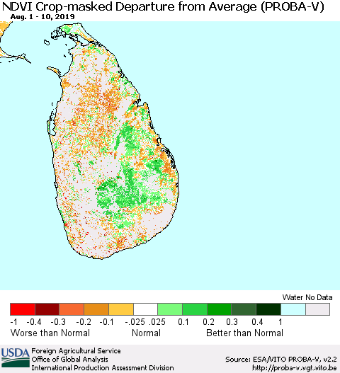 Sri Lanka NDVI Crop-masked Departure from Average (PROBA-V) Thematic Map For 8/1/2019 - 8/10/2019