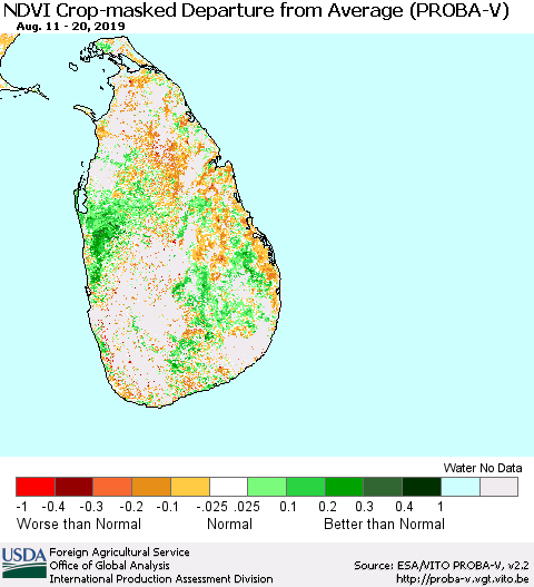 Sri Lanka NDVI Crop-masked Departure from Average (PROBA-V) Thematic Map For 8/11/2019 - 8/20/2019