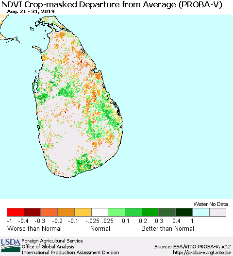 Sri Lanka NDVI Crop-masked Departure from Average (PROBA-V) Thematic Map For 8/21/2019 - 8/31/2019