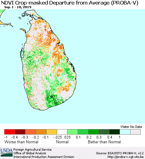 Sri Lanka NDVI Crop-masked Departure from Average (PROBA-V) Thematic Map For 9/1/2019 - 9/10/2019