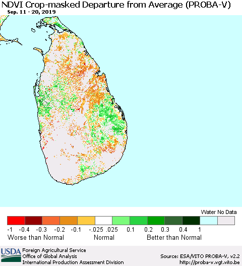 Sri Lanka NDVI Crop-masked Departure from Average (PROBA-V) Thematic Map For 9/11/2019 - 9/20/2019