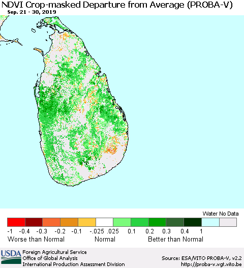 Sri Lanka NDVI Crop-masked Departure from Average (PROBA-V) Thematic Map For 9/21/2019 - 9/30/2019