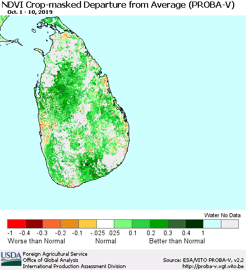 Sri Lanka NDVI Crop-masked Departure from Average (PROBA-V) Thematic Map For 10/1/2019 - 10/10/2019