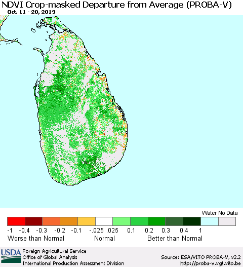 Sri Lanka NDVI Crop-masked Departure from Average (PROBA-V) Thematic Map For 10/11/2019 - 10/20/2019