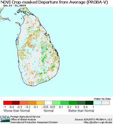 Sri Lanka NDVI Crop-masked Departure from Average (PROBA-V) Thematic Map For 10/21/2019 - 10/31/2019