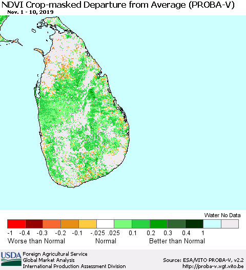 Sri Lanka NDVI Crop-masked Departure from Average (PROBA-V) Thematic Map For 11/1/2019 - 11/10/2019
