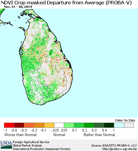 Sri Lanka NDVI Crop-masked Departure from Average (PROBA-V) Thematic Map For 11/21/2019 - 11/30/2019