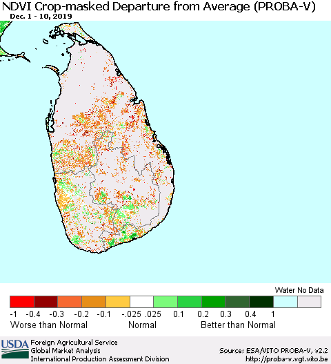 Sri Lanka NDVI Crop-masked Departure from Average (PROBA-V) Thematic Map For 12/1/2019 - 12/10/2019