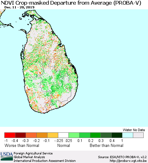 Sri Lanka NDVI Crop-masked Departure from Average (PROBA-V) Thematic Map For 12/11/2019 - 12/20/2019