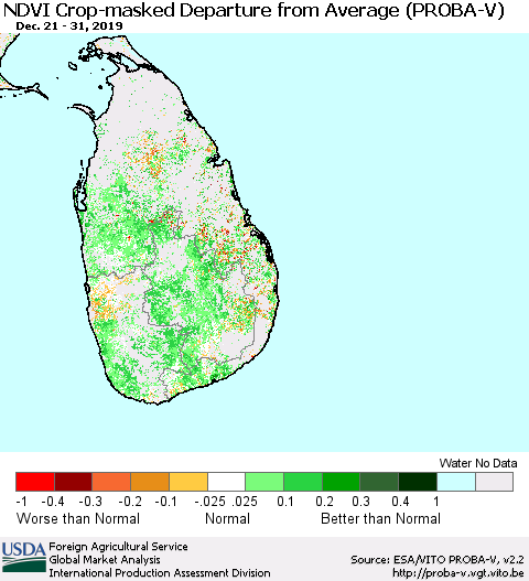 Sri Lanka NDVI Crop-masked Departure from Average (PROBA-V) Thematic Map For 12/21/2019 - 12/31/2019
