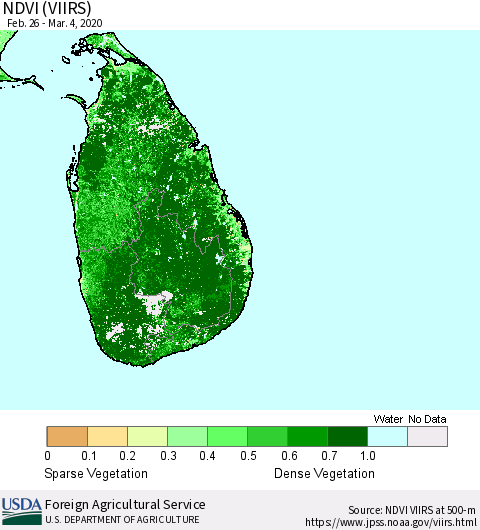 Sri Lanka NDVI (VIIRS) Thematic Map For 3/1/2020 - 3/10/2020