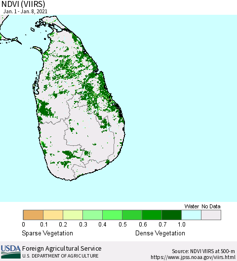 Sri Lanka NDVI (VIIRS) Thematic Map For 1/1/2021 - 1/10/2021