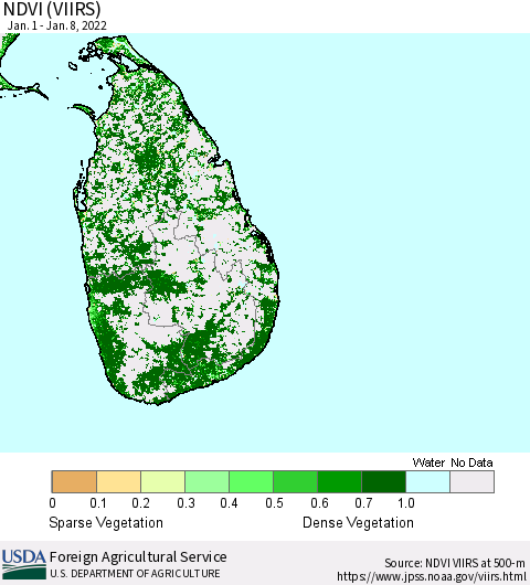 Sri Lanka NDVI (VIIRS) Thematic Map For 1/1/2022 - 1/10/2022