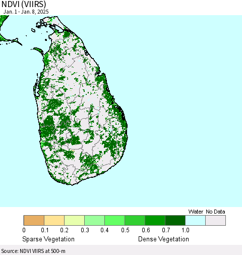 Sri Lanka NDVI (VIIRS) Thematic Map For 1/1/2025 - 1/8/2025