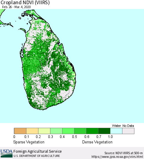Sri Lanka Cropland NDVI (VIIRS) Thematic Map For 3/1/2020 - 3/10/2020