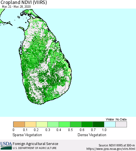 Sri Lanka Cropland NDVI (VIIRS) Thematic Map For 3/21/2020 - 3/31/2020