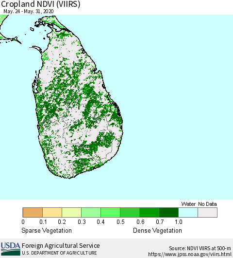 Sri Lanka Cropland NDVI (VIIRS) Thematic Map For 5/21/2020 - 5/31/2020