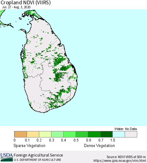 Sri Lanka Cropland NDVI (VIIRS) Thematic Map For 8/1/2020 - 8/10/2020