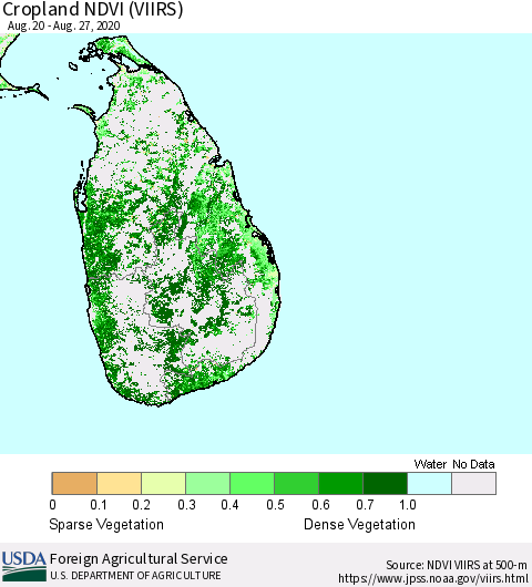 Sri Lanka Cropland NDVI (VIIRS) Thematic Map For 8/21/2020 - 8/31/2020