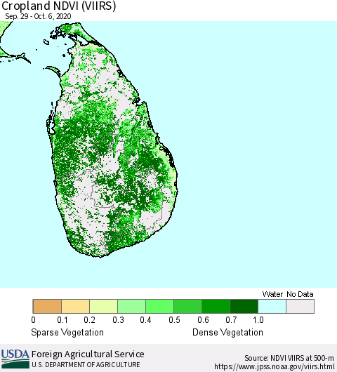 Sri Lanka Cropland NDVI (VIIRS) Thematic Map For 10/1/2020 - 10/10/2020