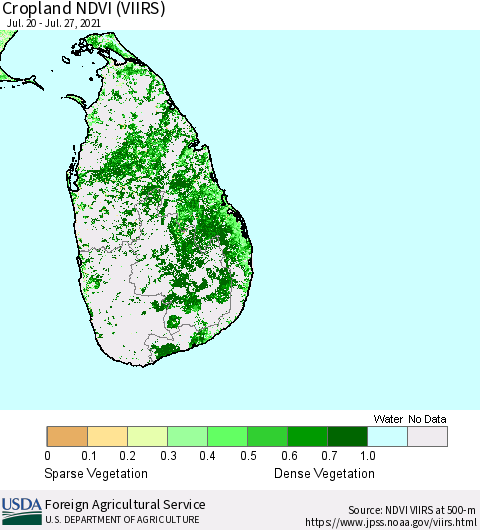 Sri Lanka Cropland NDVI (VIIRS) Thematic Map For 7/21/2021 - 7/31/2021