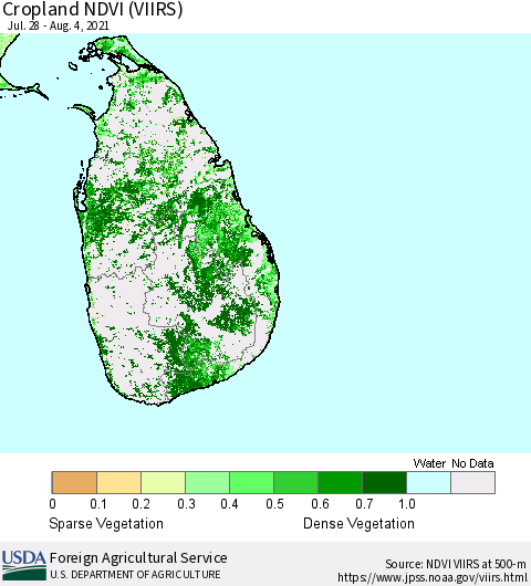 Sri Lanka Cropland NDVI (VIIRS) Thematic Map For 8/1/2021 - 8/10/2021