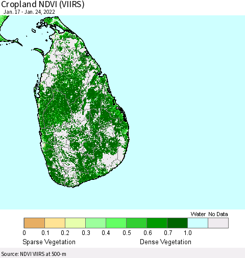 Sri Lanka Cropland NDVI (VIIRS) Thematic Map For 1/17/2022 - 1/24/2022