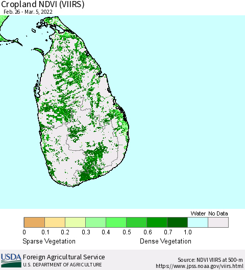 Sri Lanka Cropland NDVI (VIIRS) Thematic Map For 3/1/2022 - 3/10/2022