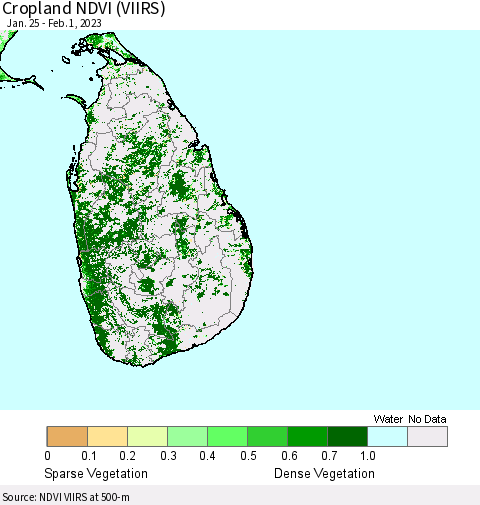 Sri Lanka Cropland NDVI (VIIRS) Thematic Map For 1/25/2023 - 2/1/2023