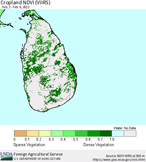 Sri Lanka Cropland NDVI (VIIRS) Thematic Map For 2/1/2023 - 2/10/2023