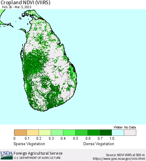 Sri Lanka Cropland NDVI (VIIRS) Thematic Map For 3/1/2023 - 3/10/2023