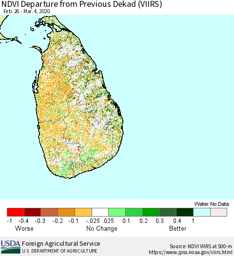 Sri Lanka NDVI Departure from Previous Dekad (VIIRS) Thematic Map For 3/1/2020 - 3/10/2020