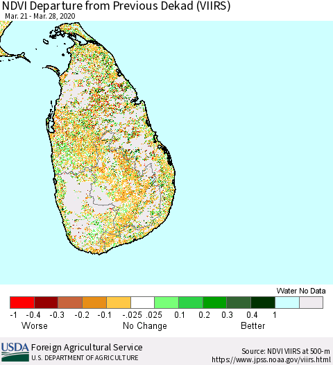 Sri Lanka NDVI Departure from Previous Dekad (VIIRS) Thematic Map For 3/21/2020 - 3/31/2020