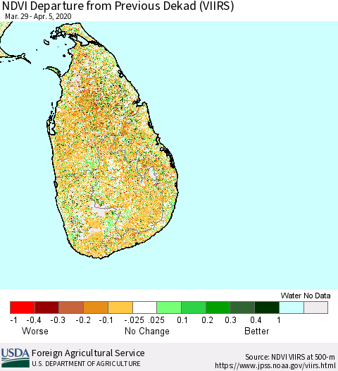 Sri Lanka NDVI Departure from Previous Dekad (VIIRS) Thematic Map For 4/1/2020 - 4/10/2020