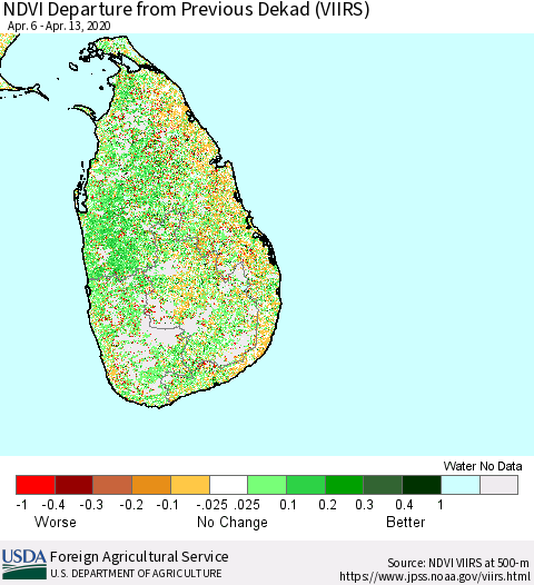 Sri Lanka NDVI Departure from Previous Dekad (VIIRS) Thematic Map For 4/11/2020 - 4/20/2020
