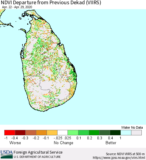 Sri Lanka NDVI Departure from Previous Dekad (VIIRS) Thematic Map For 4/21/2020 - 4/30/2020