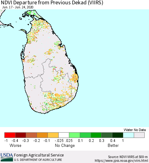 Sri Lanka NDVI Departure from Previous Dekad (VIIRS) Thematic Map For 6/21/2020 - 6/30/2020