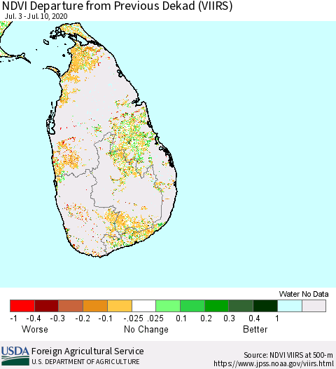 Sri Lanka NDVI Departure from Previous Dekad (VIIRS) Thematic Map For 7/1/2020 - 7/10/2020