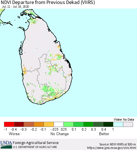 Sri Lanka NDVI Departure from Previous Dekad (VIIRS) Thematic Map For 7/11/2020 - 7/20/2020