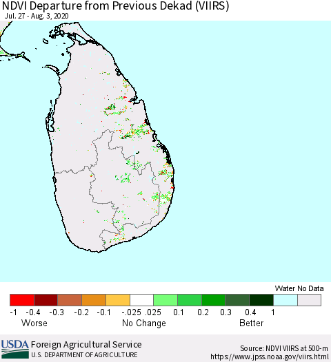 Sri Lanka NDVI Departure from Previous Dekad (VIIRS) Thematic Map For 8/1/2020 - 8/10/2020