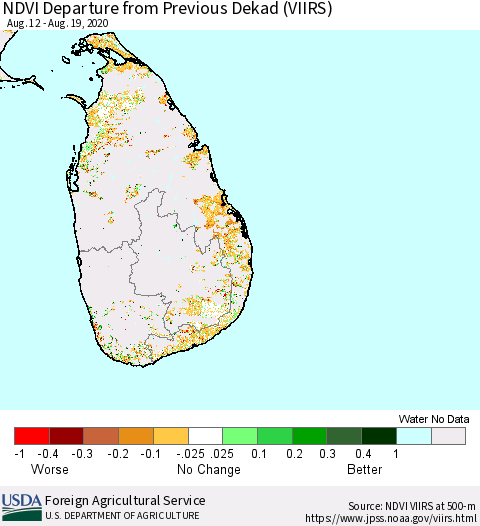 Sri Lanka NDVI Departure from Previous Dekad (VIIRS) Thematic Map For 8/11/2020 - 8/20/2020