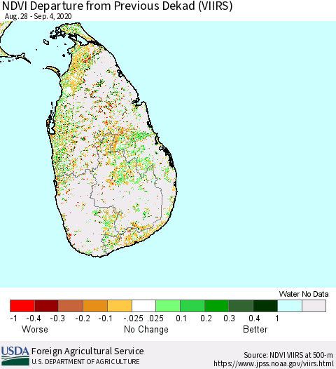Sri Lanka NDVI Departure from Previous Dekad (VIIRS) Thematic Map For 9/1/2020 - 9/10/2020