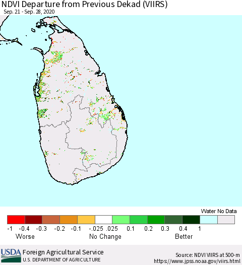 Sri Lanka NDVI Departure from Previous Dekad (VIIRS) Thematic Map For 9/21/2020 - 9/30/2020