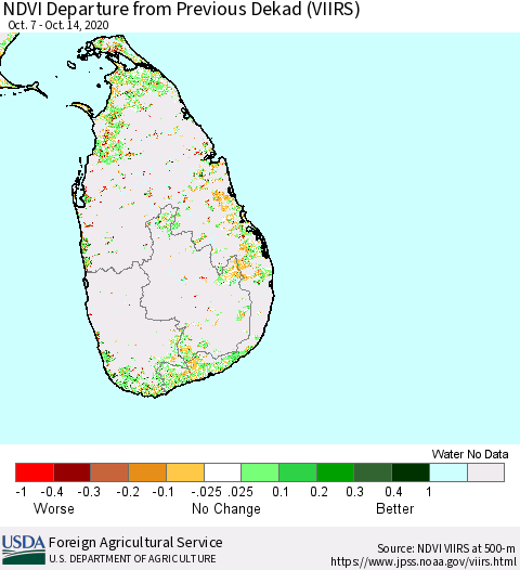 Sri Lanka NDVI Departure from Previous Dekad (VIIRS) Thematic Map For 10/11/2020 - 10/20/2020