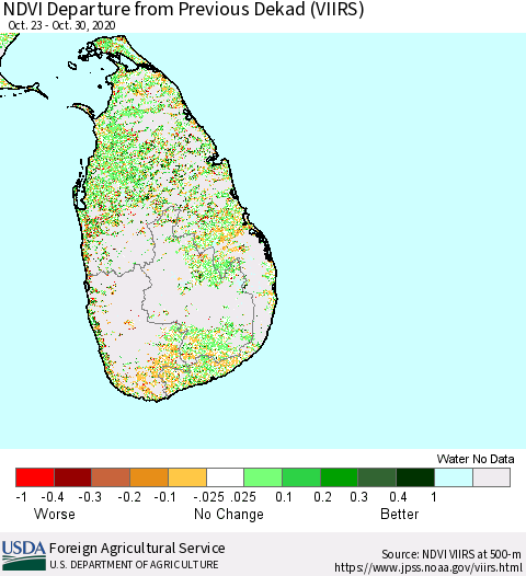 Sri Lanka NDVI Departure from Previous Dekad (VIIRS) Thematic Map For 10/21/2020 - 10/31/2020