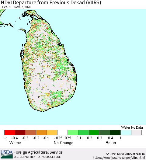 Sri Lanka NDVI Departure from Previous Dekad (VIIRS) Thematic Map For 11/1/2020 - 11/10/2020