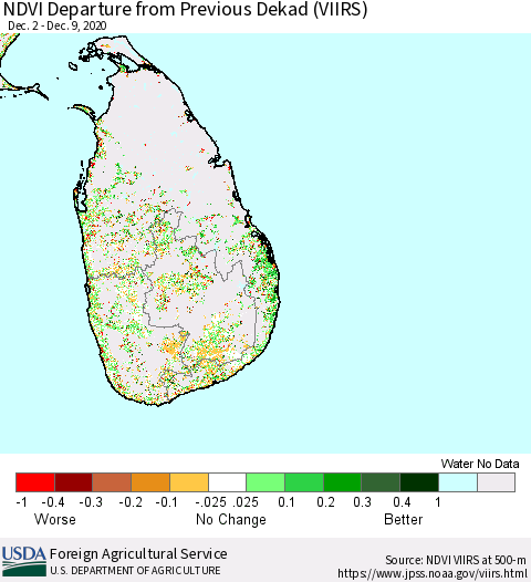 Sri Lanka NDVI Departure from Previous Dekad (VIIRS) Thematic Map For 12/1/2020 - 12/10/2020