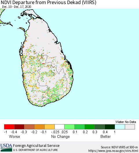 Sri Lanka NDVI Departure from Previous Dekad (VIIRS) Thematic Map For 12/11/2020 - 12/20/2020