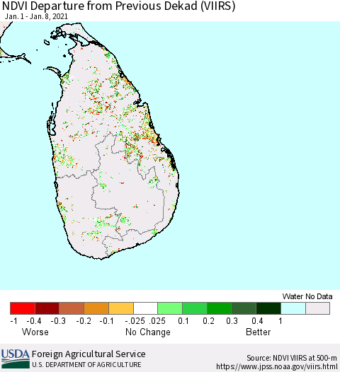 Sri Lanka NDVI Departure from Previous Dekad (VIIRS) Thematic Map For 1/1/2021 - 1/10/2021