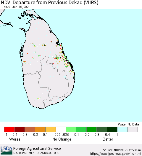 Sri Lanka NDVI Departure from Previous Dekad (VIIRS) Thematic Map For 1/11/2021 - 1/20/2021